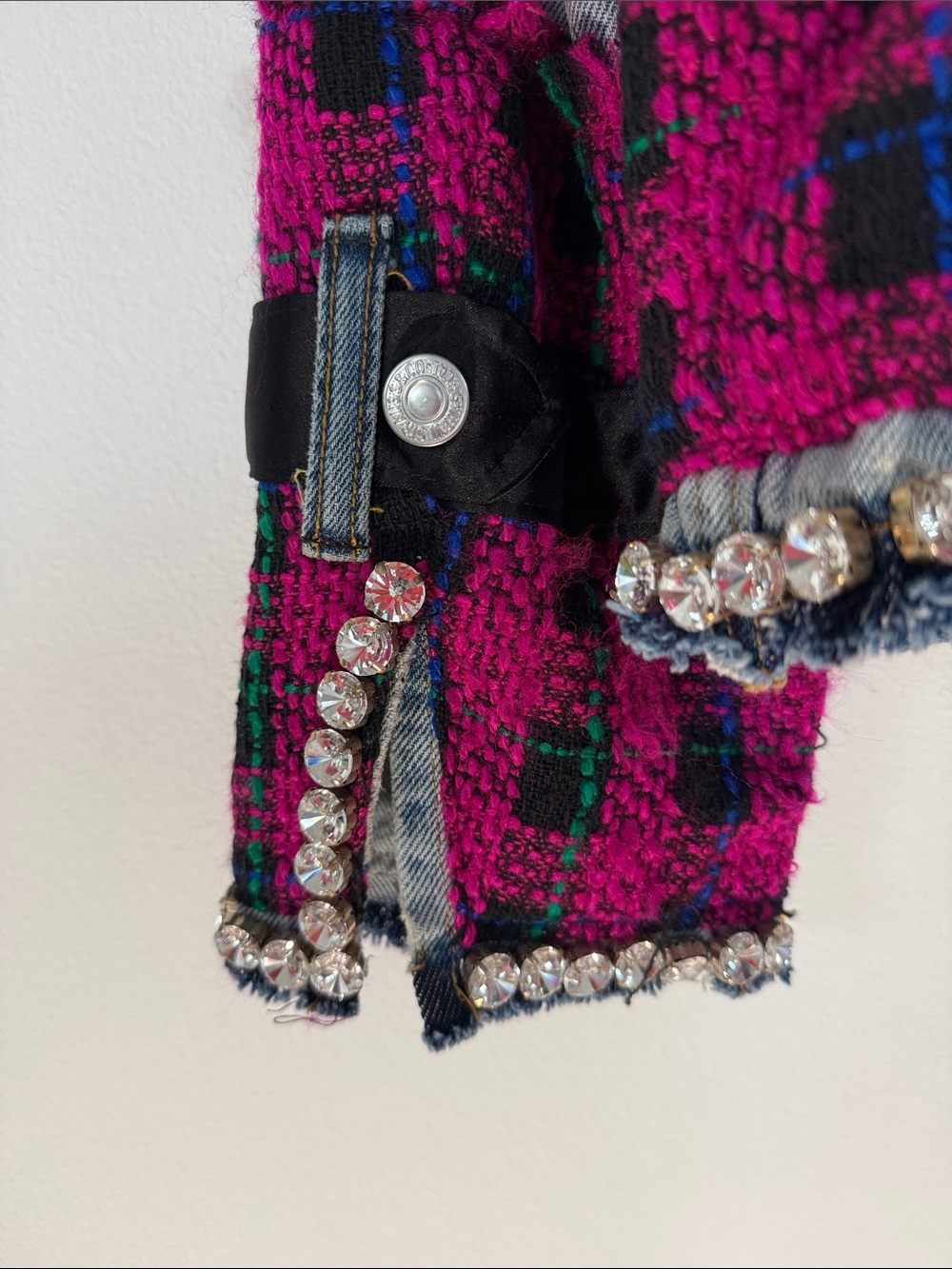 Levy’s Handmade Pink & Black Plaid Tweed and Light Blue Denim Embellished Jacket - Picture 11 of 11